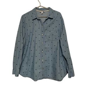 OLD NAVY Women's Blue Chambray with Navy Polka Dot Button Down Shirt XLa…